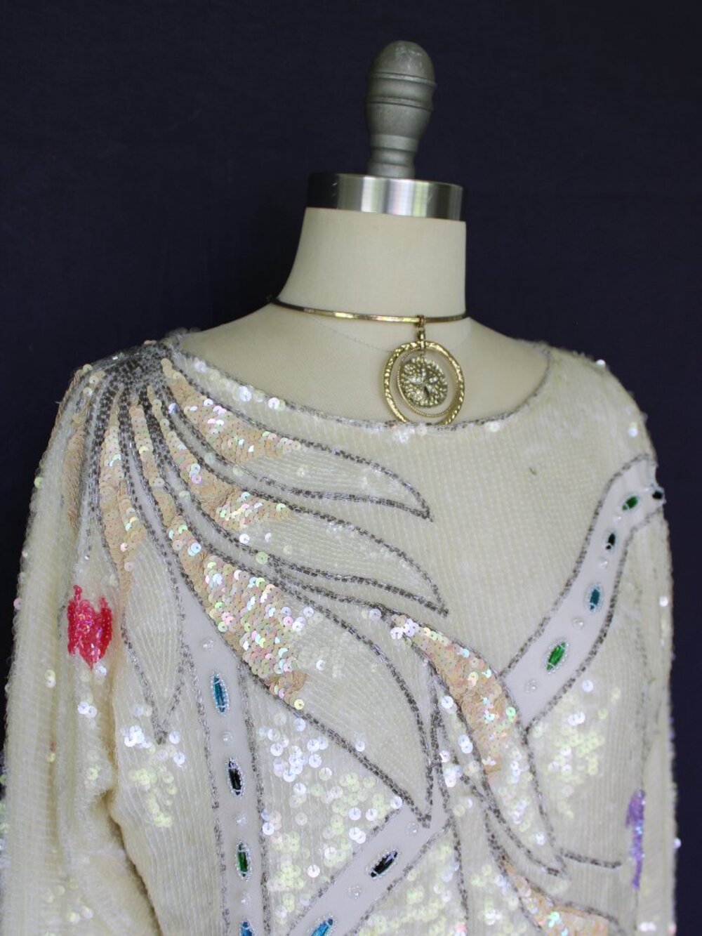 Oleg Cassini vintage 80s sequin beaded opalescent silver silk dress top tunic M - Picture 3 of 11